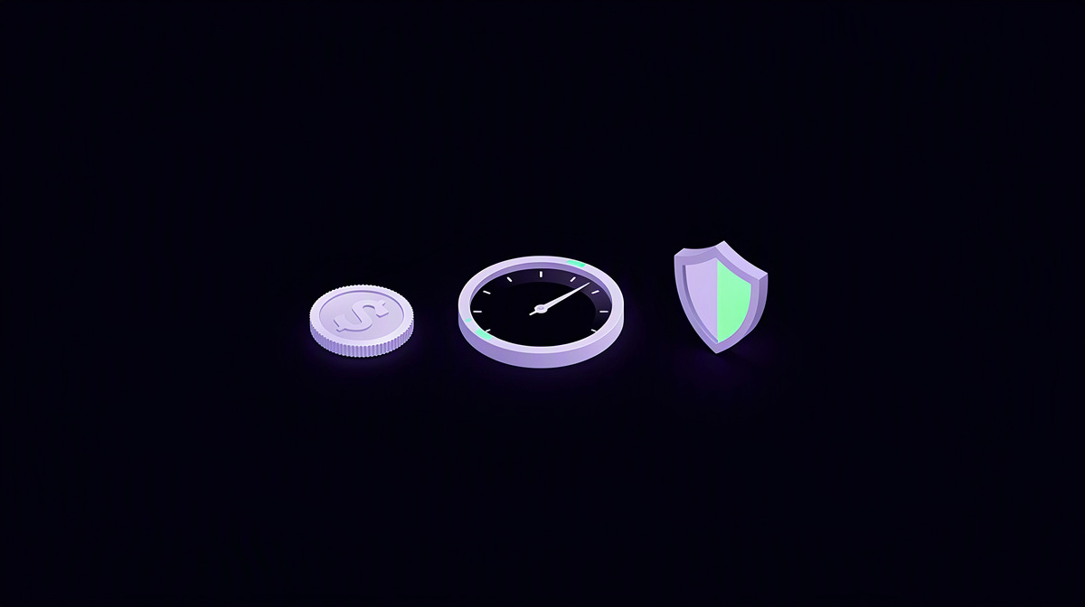 Isometric gauge, coin, and shield on a dark background with soft violet light.
