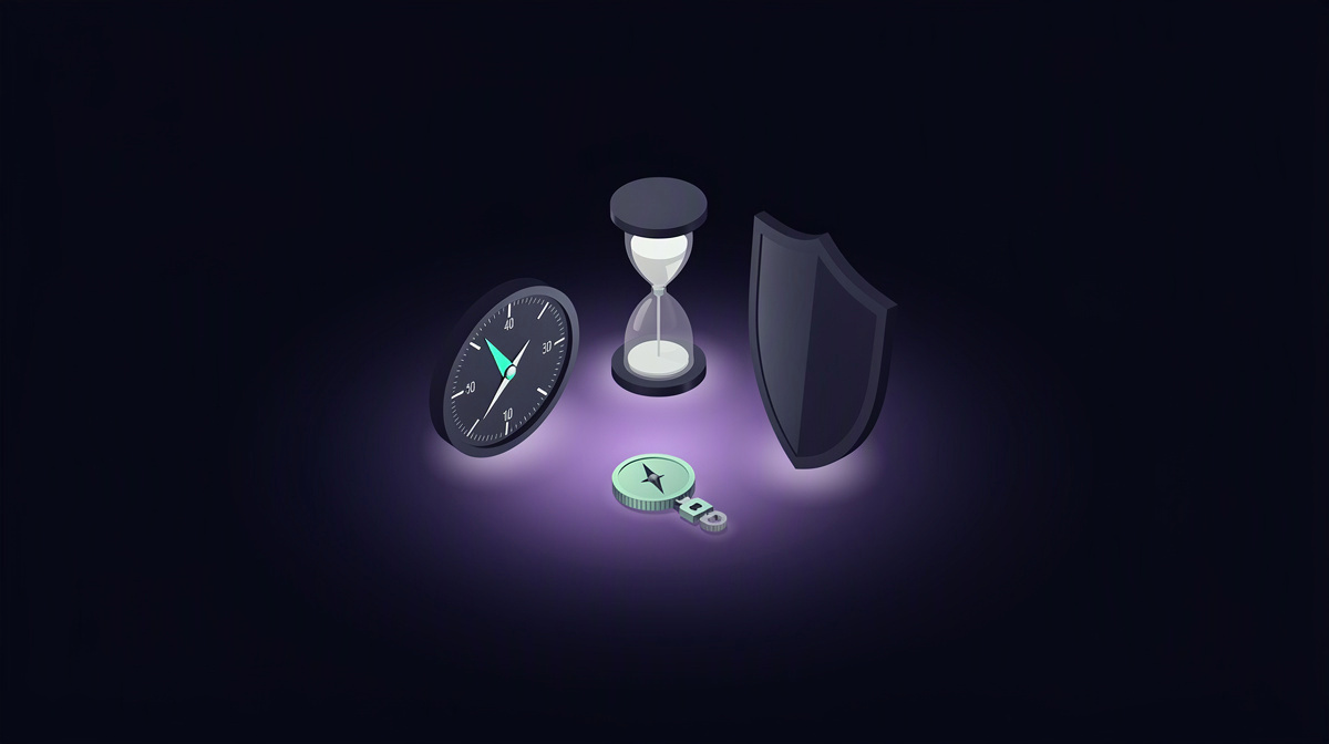 Isometric hourglass, gauge, and shield floating on a dark indigo-black background.
