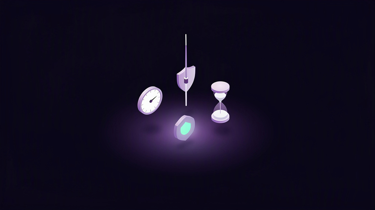 A gauge, shield, and hourglass arranged above a soft violet glow.