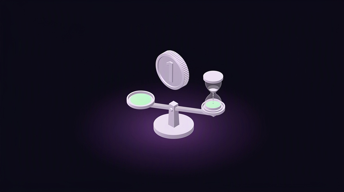 A coin, small hourglass, and balance scale representing holding cost over time.