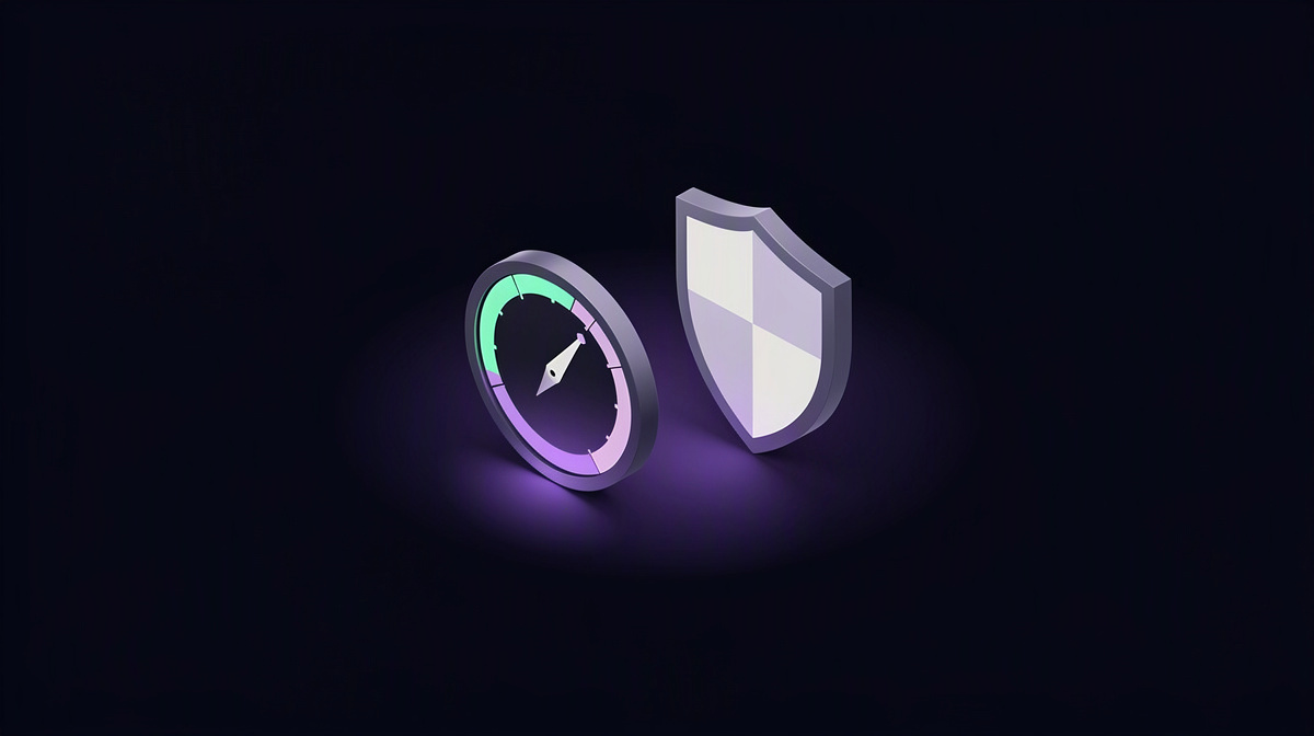 A gauge and shield floating in dark space, symbolizing leverage and risk control.