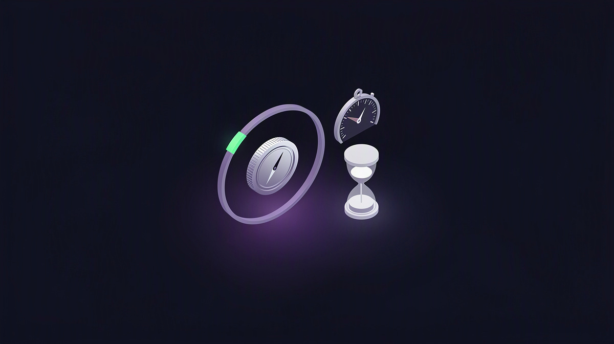A coin in a circular frame with a gauge and hourglass, shown in isometric 3D.