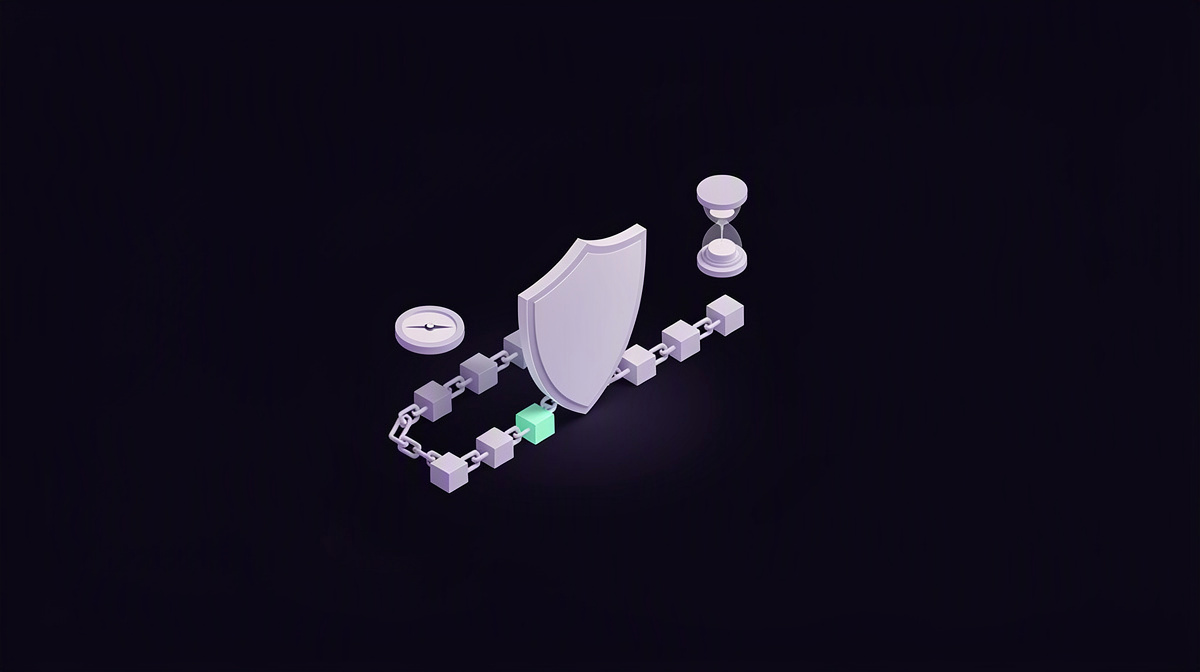 A shield, linked chain blocks, and an hourglass floating on a dark background.