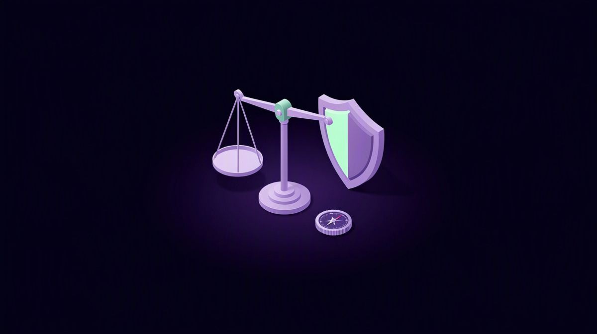 Isometric balance scale, shield, and coin on a dark indigo background with soft violet light.