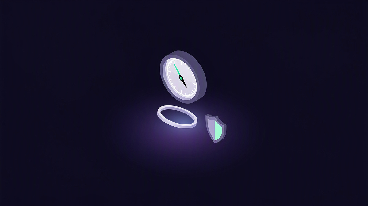 Isometric gauge, boundary ring, and shield floating above a soft violet glow.