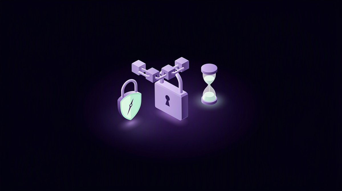 Linked blocks, a padlock, and an hourglass floating separately on a dark violet-lit background.