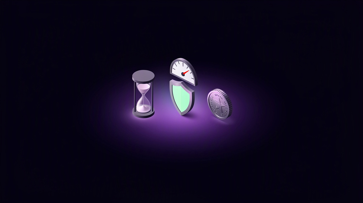 A gauge, hourglass, and coin in an isometric 3D style on a dark glowing background.