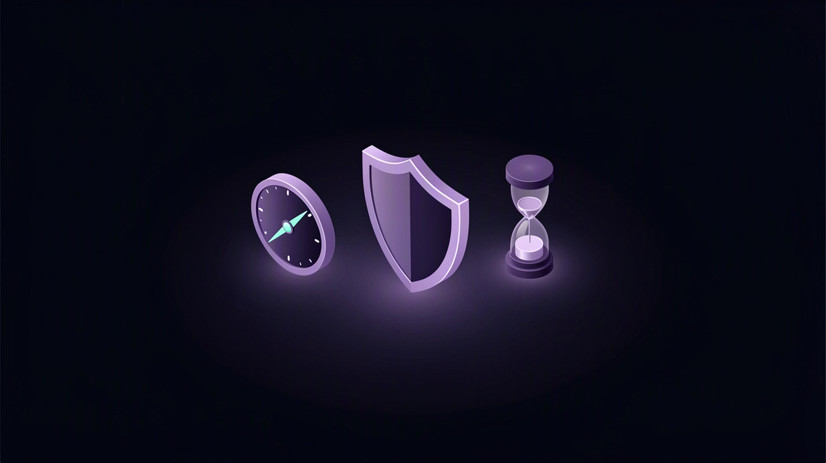 Isometric shield, gauge, and hourglass floating with soft violet light.