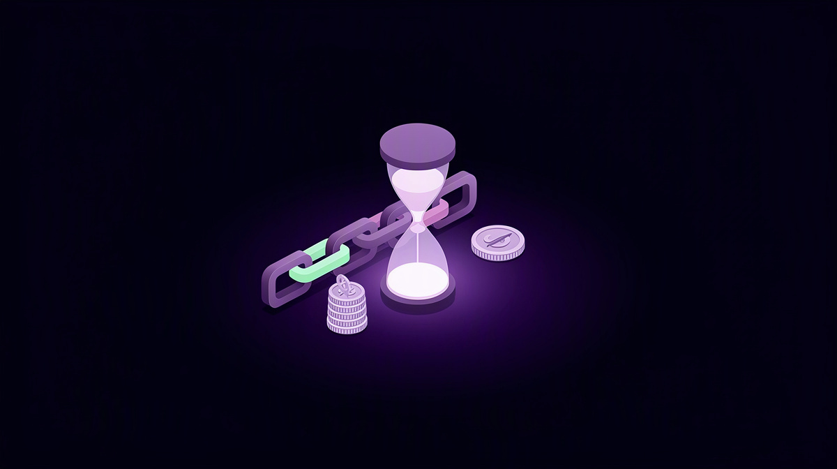 Isometric hourglass, linked chain blocks, and coin on a dark background.