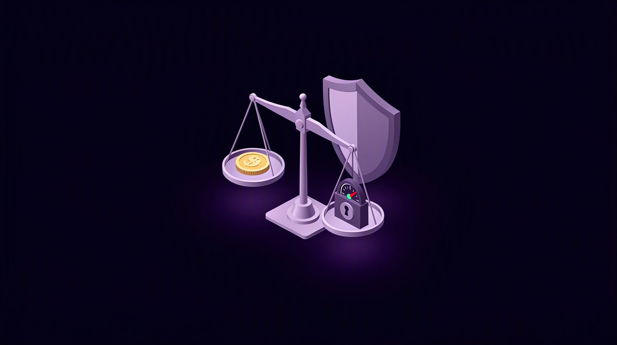 Isometric scale, coin, gauge, and shield representing margin and leverage.