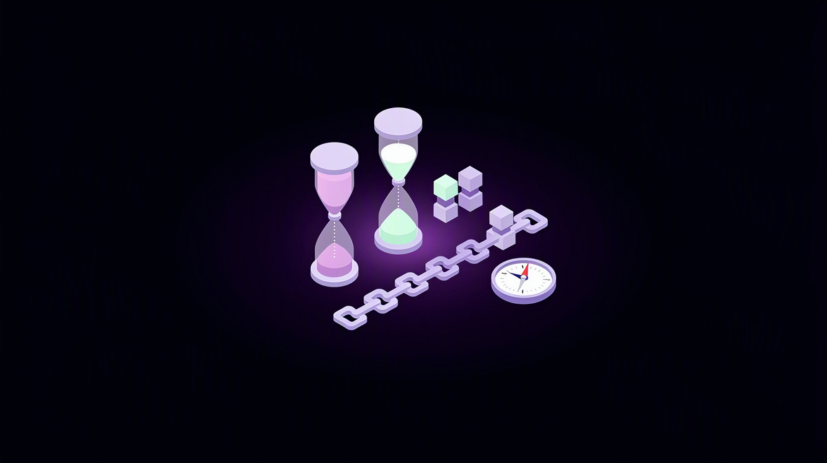 Isometric hourglass, chain blocks, and compass symbolizing funding, settlement, and price reference.