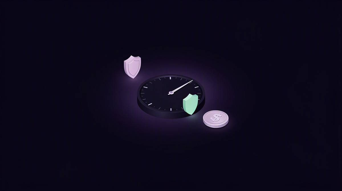 Isometric gauge, shield, and coin on a dark background with soft violet light.