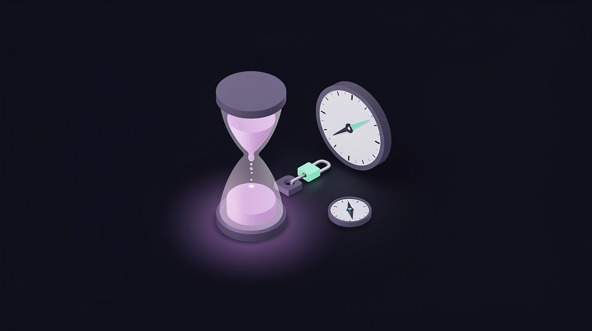 Isometric hourglass, gauge, and chain link floating on a dark violet-lit background.