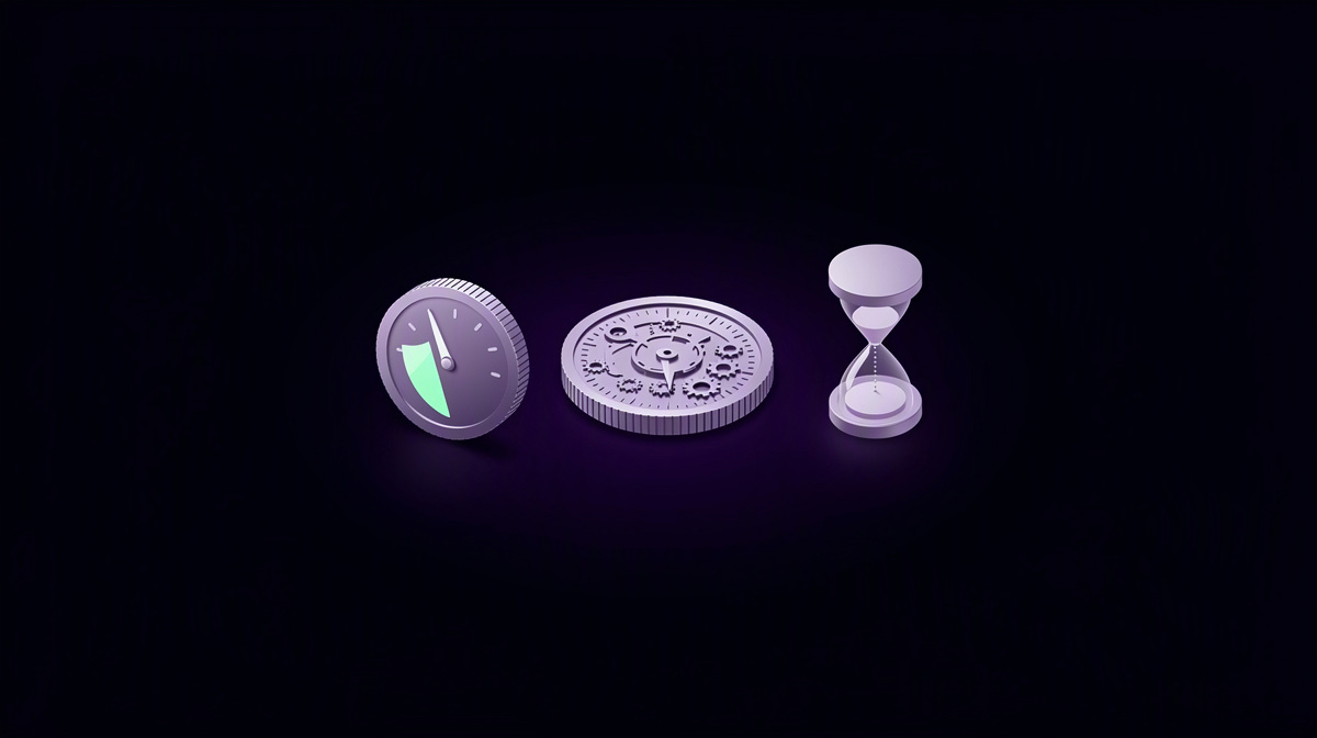 Isometrische Anzeige, Münze und Sanduhr schweben in weichem violettem Licht vor dunklem Hintergrund.