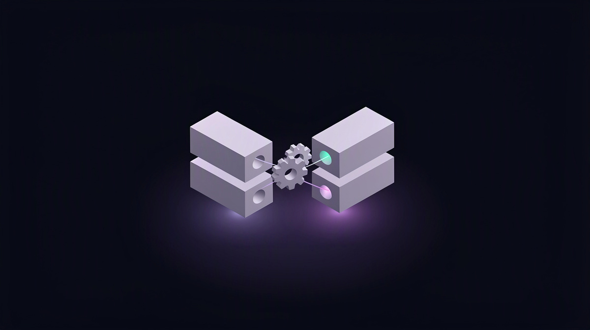 Two opposing stacked blocks with a small gear between them, symbolizing order matching.