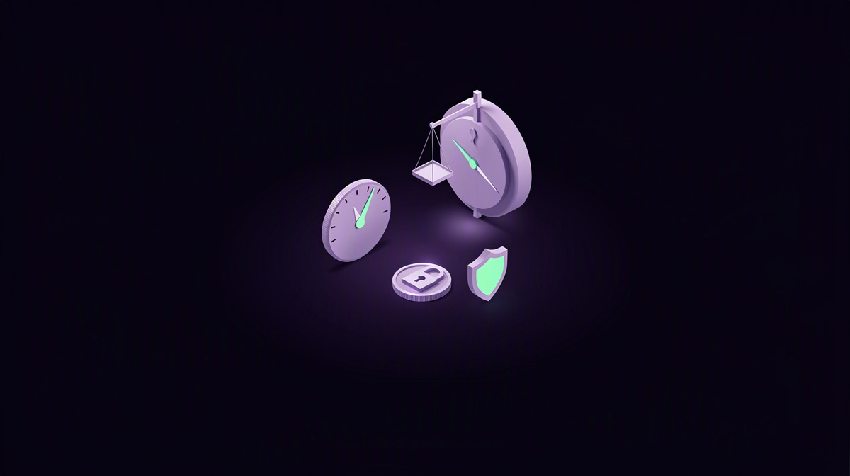 A gauge, balance scale, and shield floating apart on a dark background.