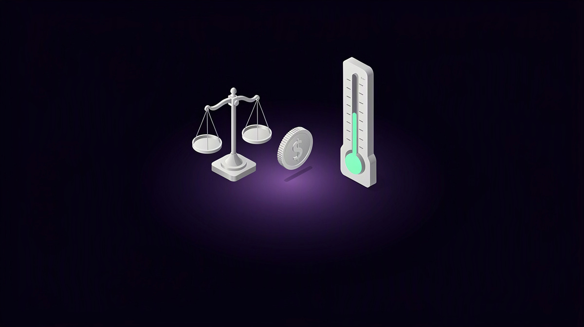 A balance scale, gauge, and small coin floating apart in a centered isometric composition.
