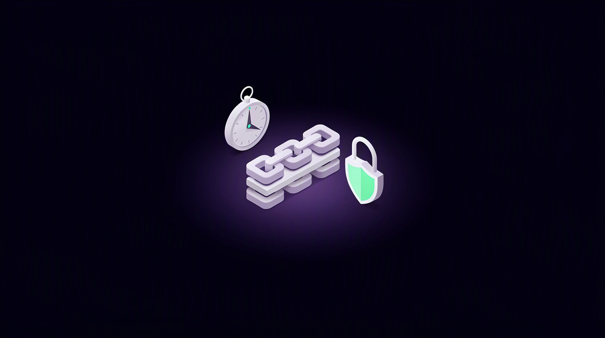 A compass, linked blocks, and a small shield arranged in a calm centered scene.