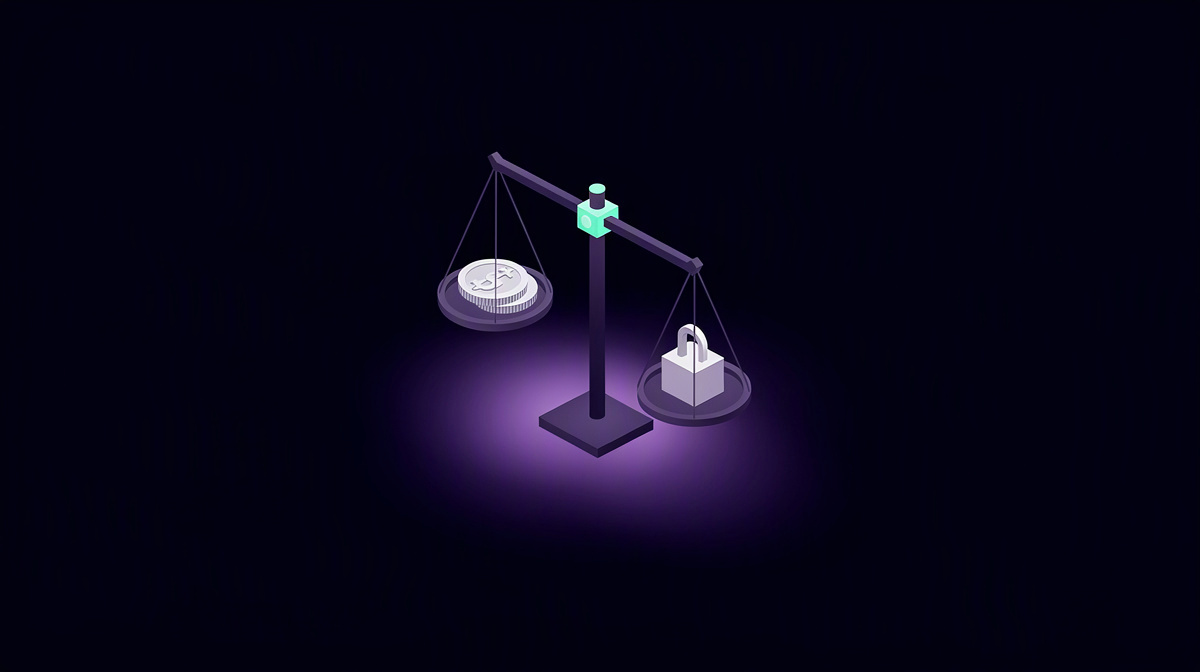 A balance scale with a coin on one side and a geometric weight on the other.