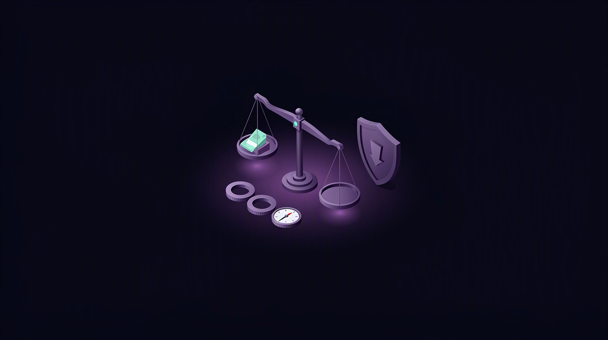 A balance scale with clustered ring markers and a small shield on a dark background.