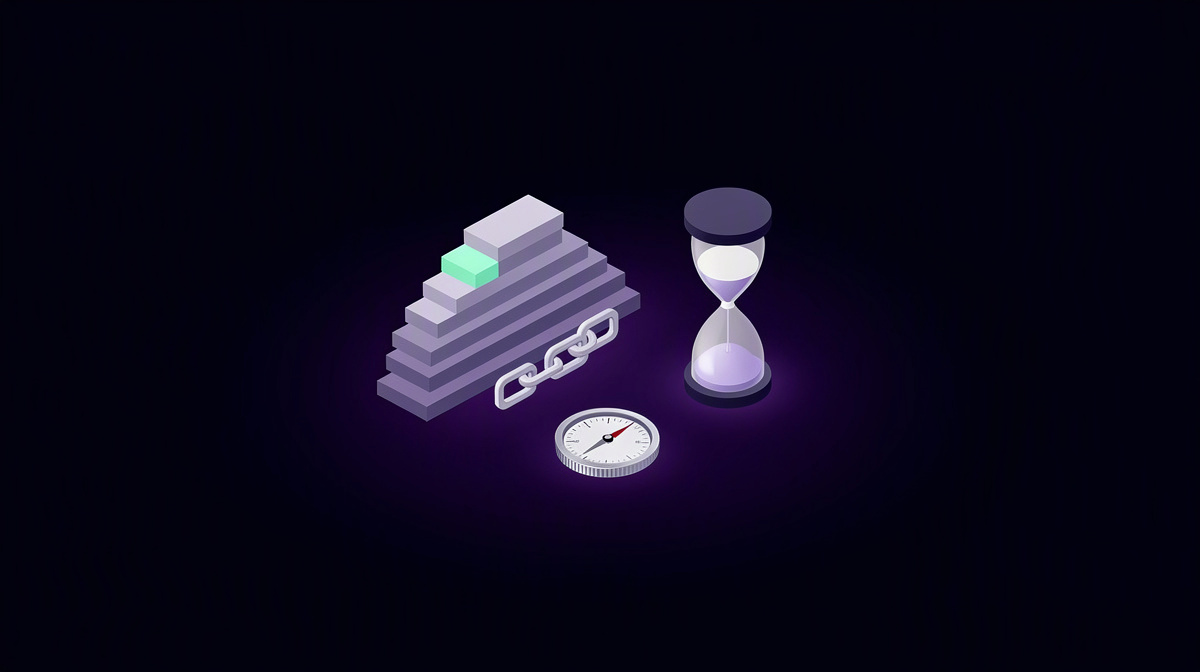 Stepped order blocks beside an hourglass, suggesting fill order and slippage.