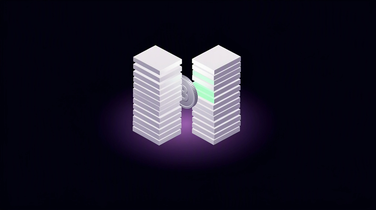 Two block stacks with a coin moving between them, one block highlighted in mint green.