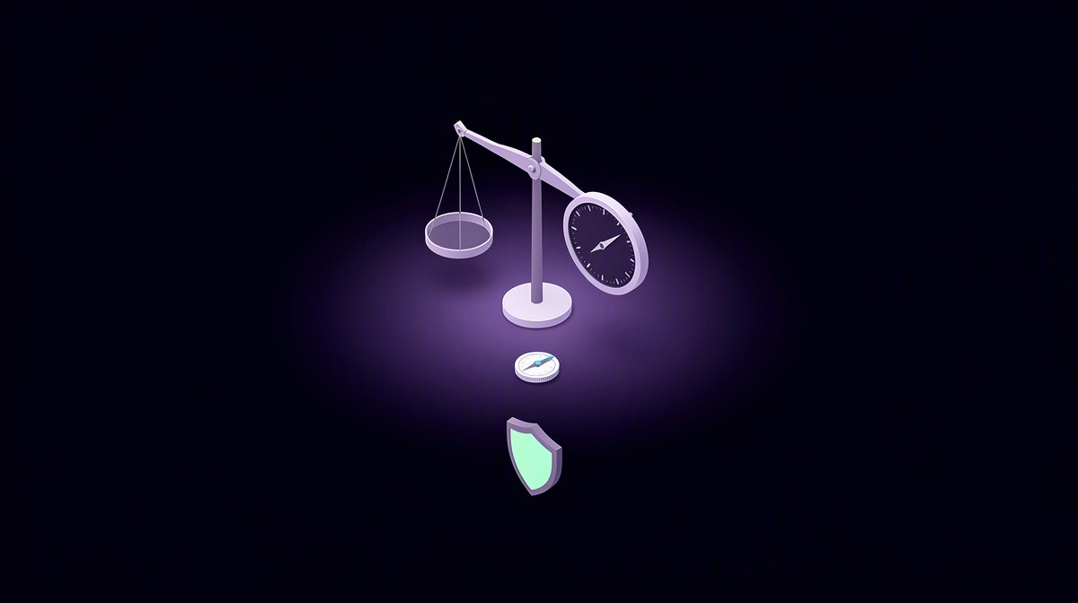 A balance scale, a gauge, and a small shield floating on a violet glow.