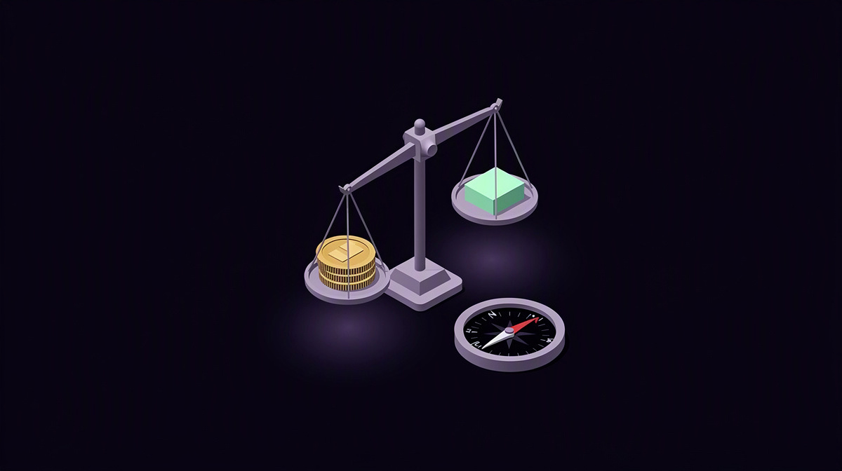 A balance scale with a coin, a small green block, and a gauge floating in violet light.