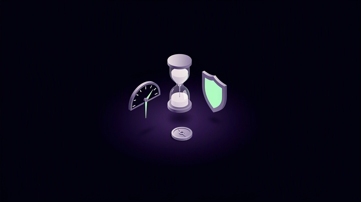 A gauge near its limit, an hourglass, and a small shield on a dark glowing background.