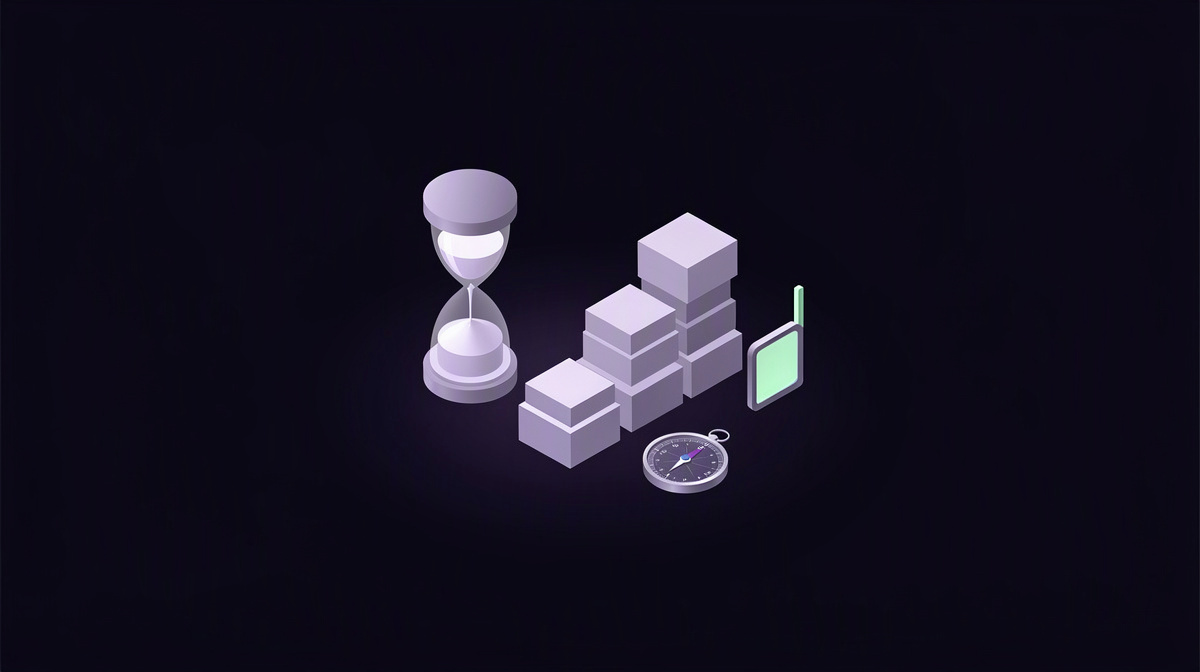 An hourglass, stacked blocks, and a compass floating apart on a dark indigo background.