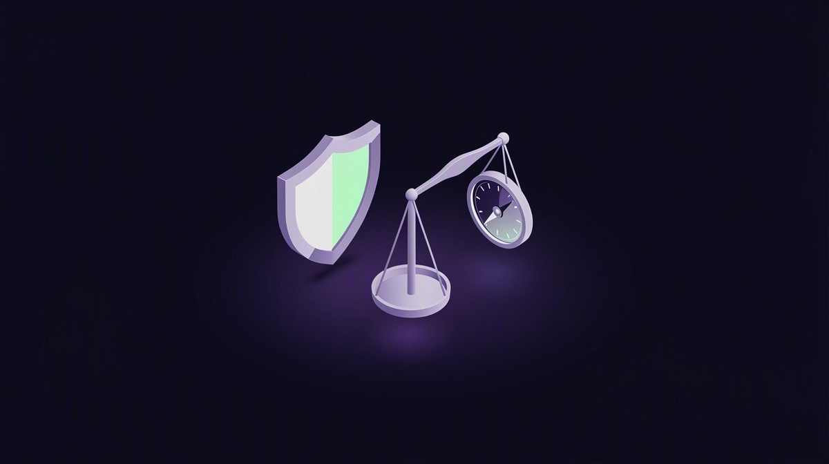 A shield, a balance scale, and a gauge with a tense needle on a dark background.