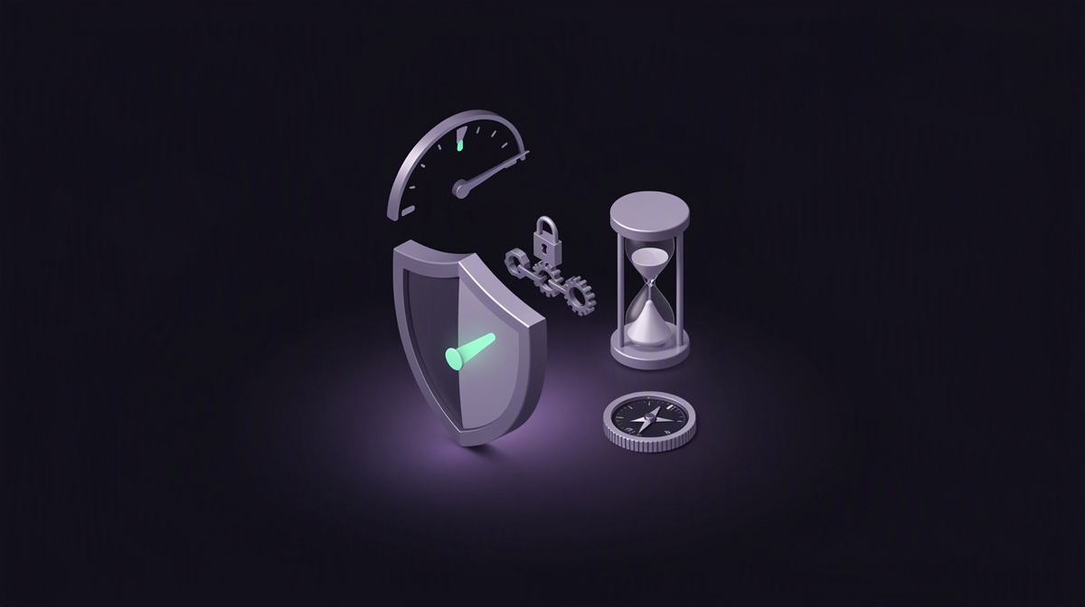 Isometric shield, gauge, and hourglass on a dark background with soft violet light.