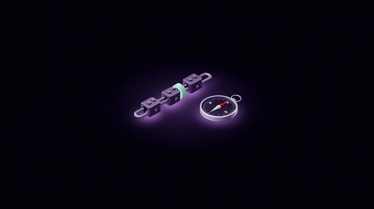 Isometric chain blocks and compass floating on a dark background with violet glow.