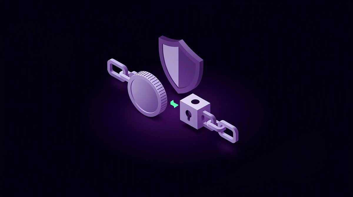 A coin and linked chain blocks separated by a gap, with a shield behind them.