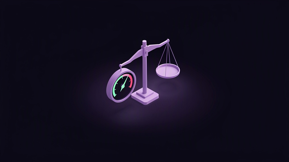 A gauge and balance scale floating on a dark background with soft violet light.