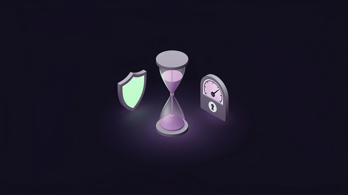 Isometric hourglass, shield, and pressure gauge floating on a dark violet-lit background.