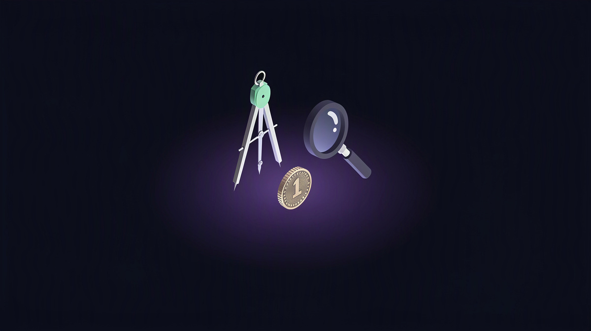 Isometric compass, magnifying lens, and coin arranged on a dark background with soft violet light.