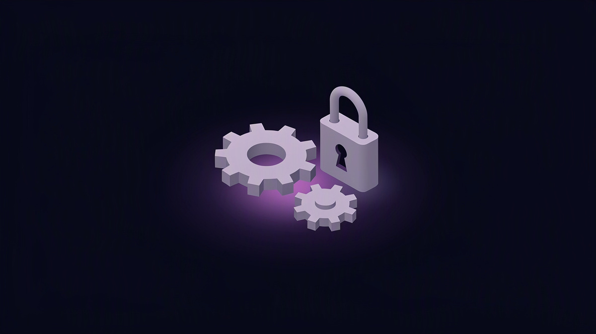 Interlocking gears and a small padlock on a dark background with soft violet light.