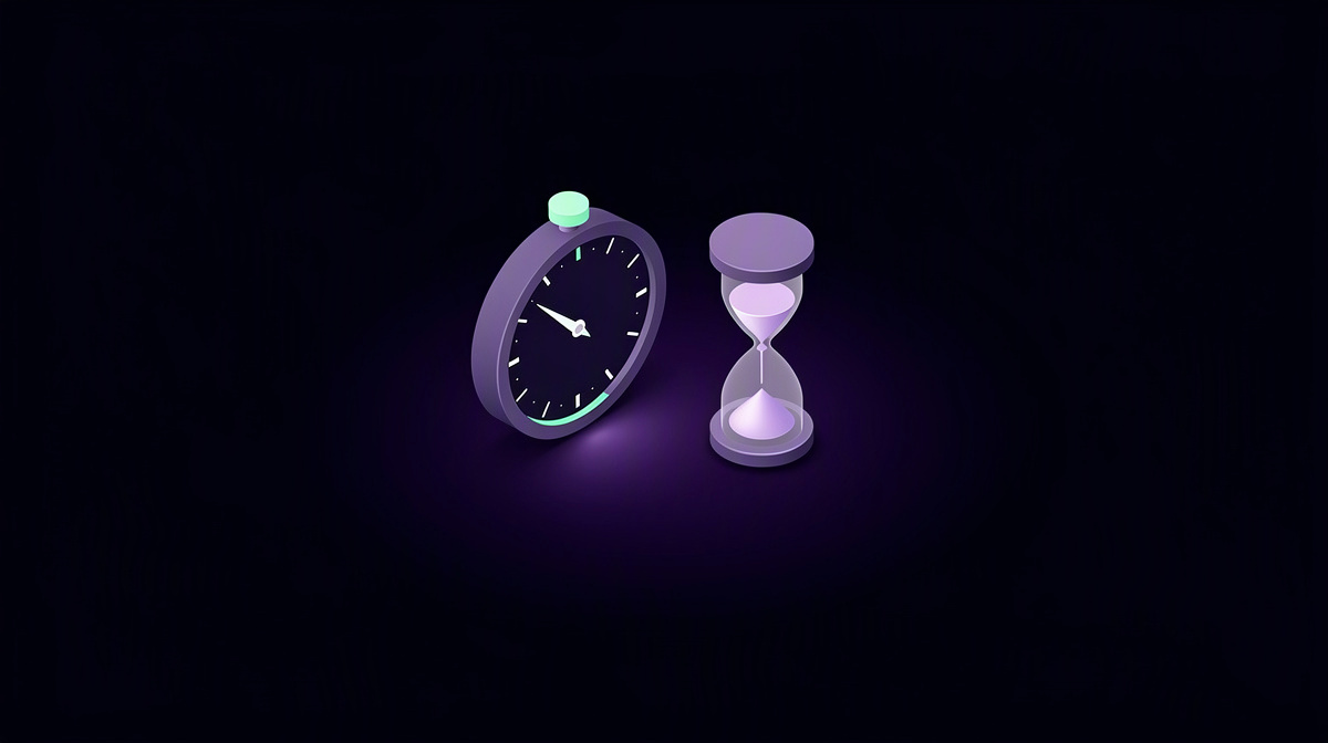 A gauge and hourglass floating separately on a dark background with violet glow.