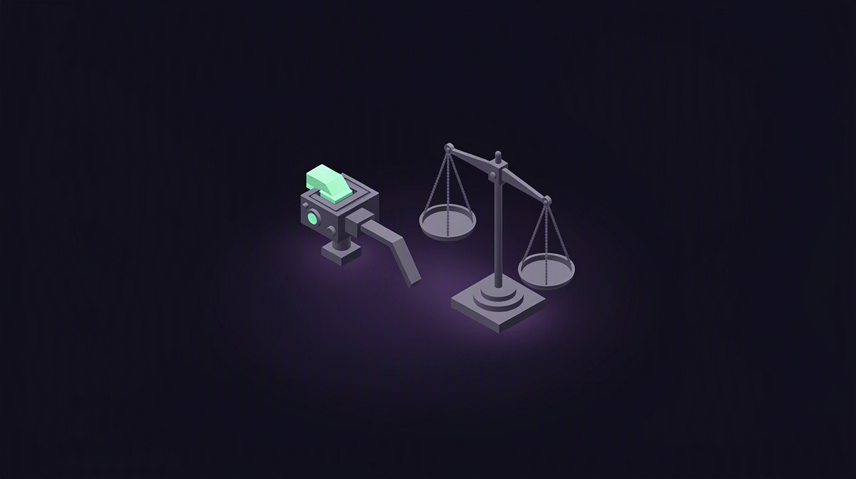 Isometric trigger switch and balance scale floating on a dark indigo background.
