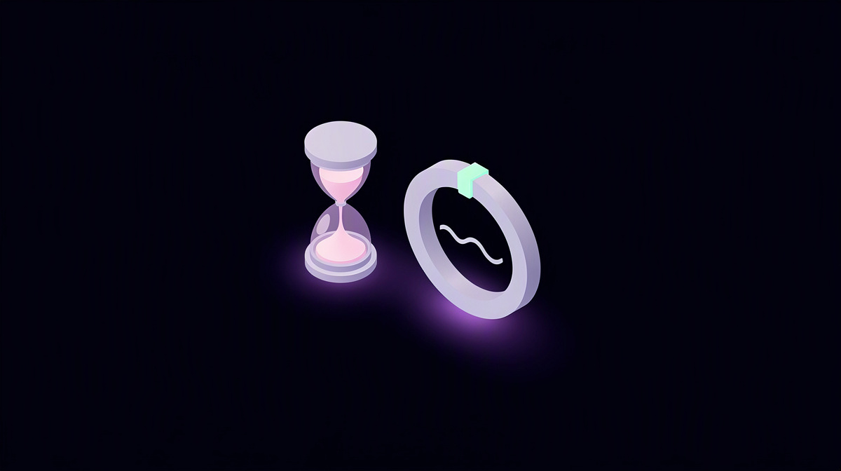 Isometric hourglass and protective ring with wave form on a dark background.