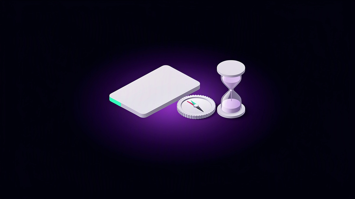 Blank card, single coin, and hourglass floating separately on a dark violet-lit background.