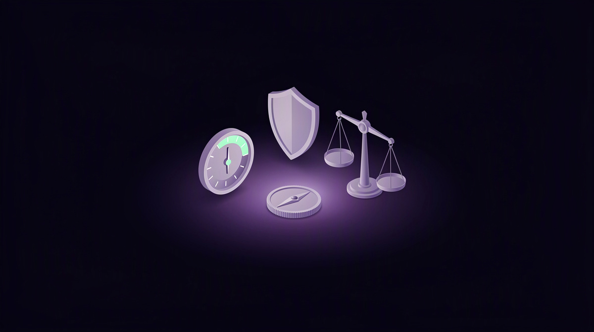 Gauge, shield, and balance scale centered on a dark background with soft violet glow.