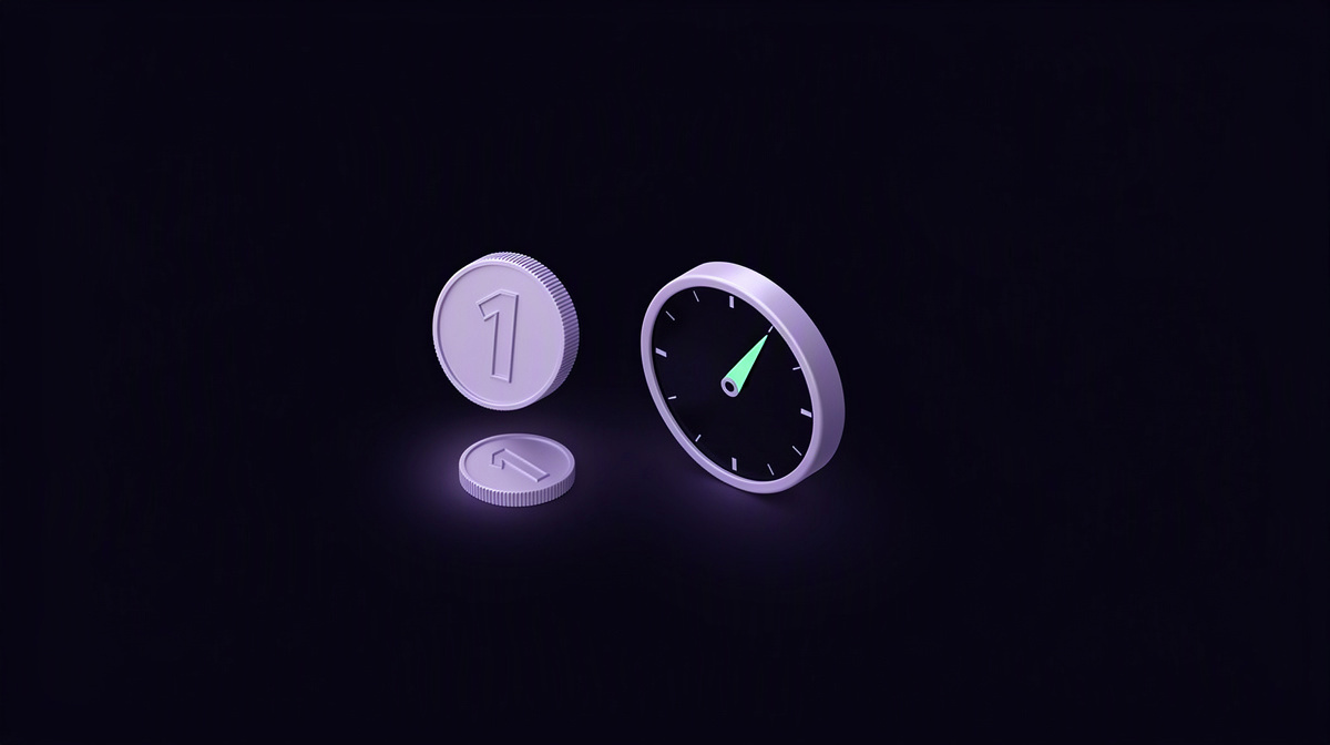 A coin, a gauge with a needle, and a small disc floating apart on a dark background.