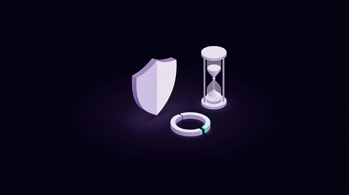 A shield, an hourglass, and a broken ring floating on a dark background.