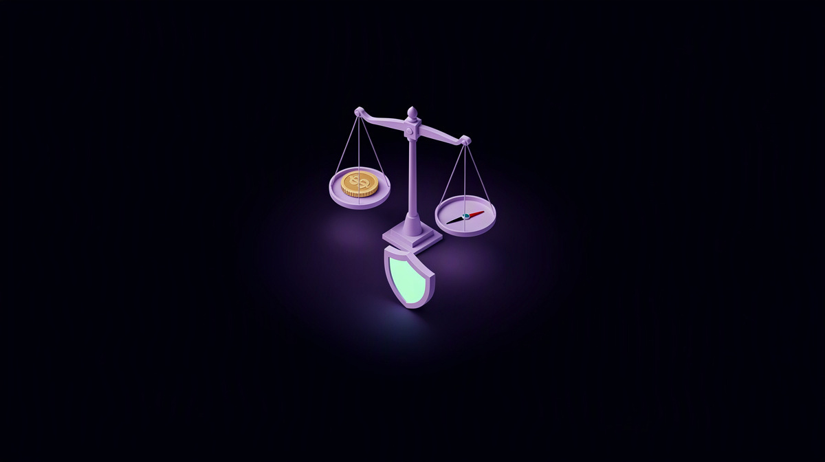 Isometric balance scale with a coin and shield on a dark violet-lit background.