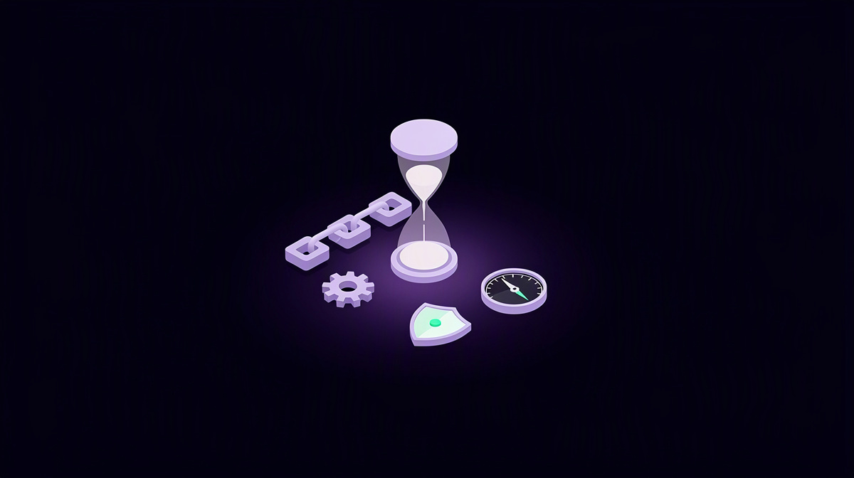 Isometric hourglass, chain links, and dial floating on a dark background with violet glow.